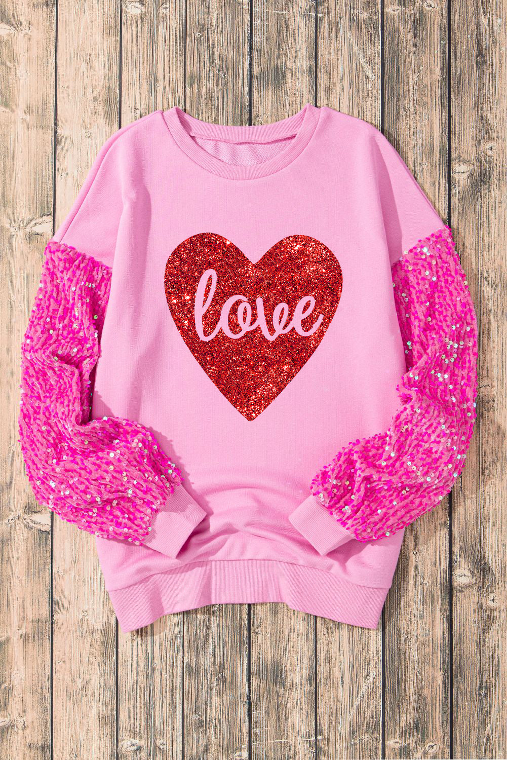 Pink Plus Size Sequin Sleeve Drop Shoulder Sweatshirt