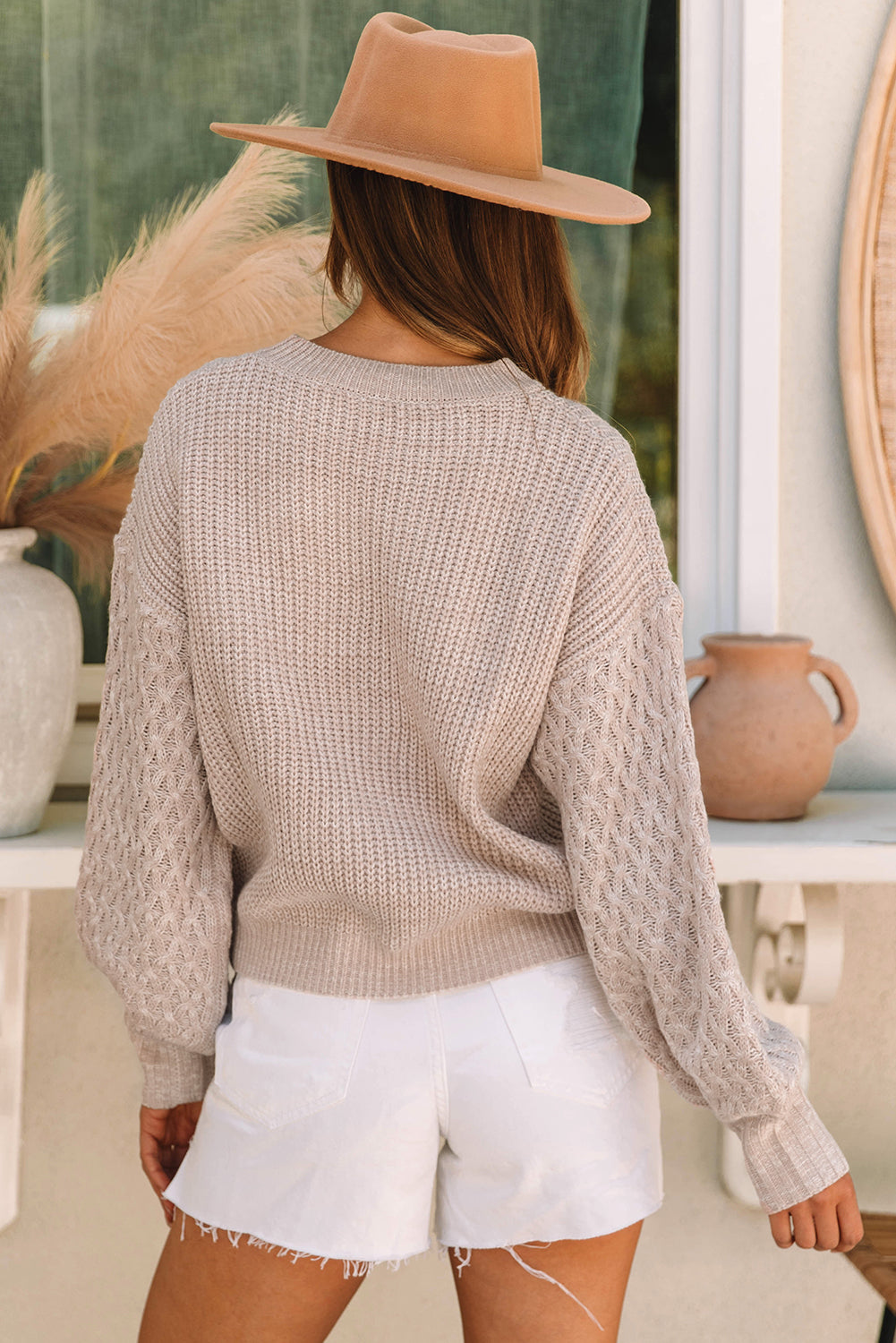 Light Grey Cable Knit Sleeve Drop Shoulder Sweater