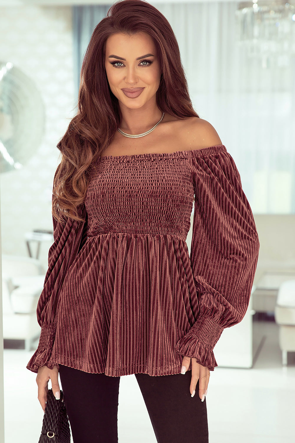 Pale Chestnut Long Sleeve Tiered Ribbed Velvet Dress