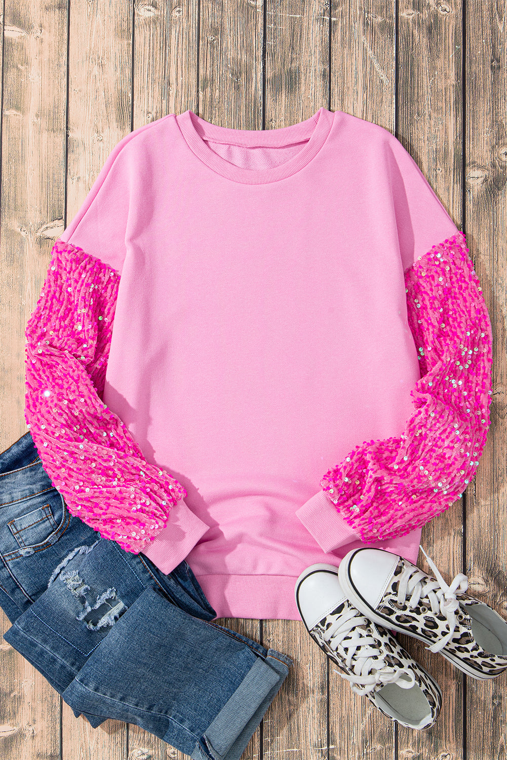 Pink Plus Size Sequin Sleeve Drop Shoulder Sweatshirt