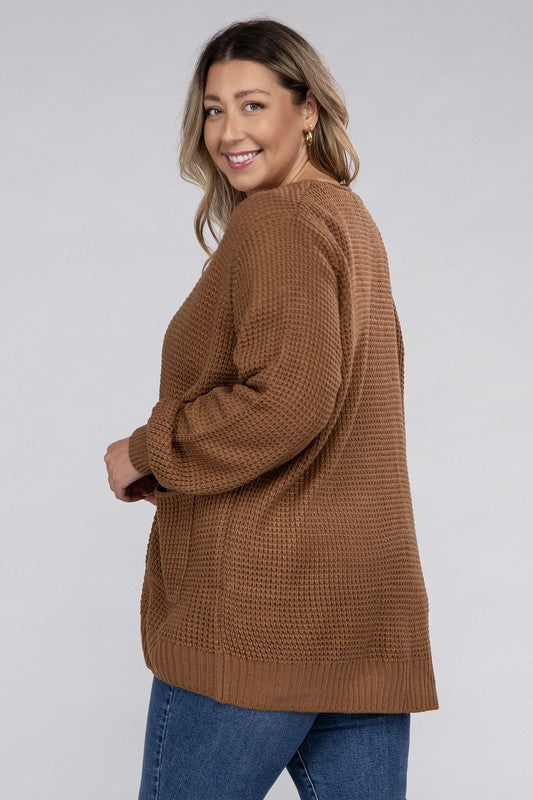 PLUS Low Gauge Waffle Open Cardigan Sweater