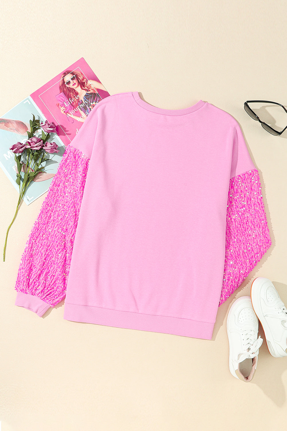 Pink Plus Size Sequin Sleeve Drop Shoulder Sweatshirt