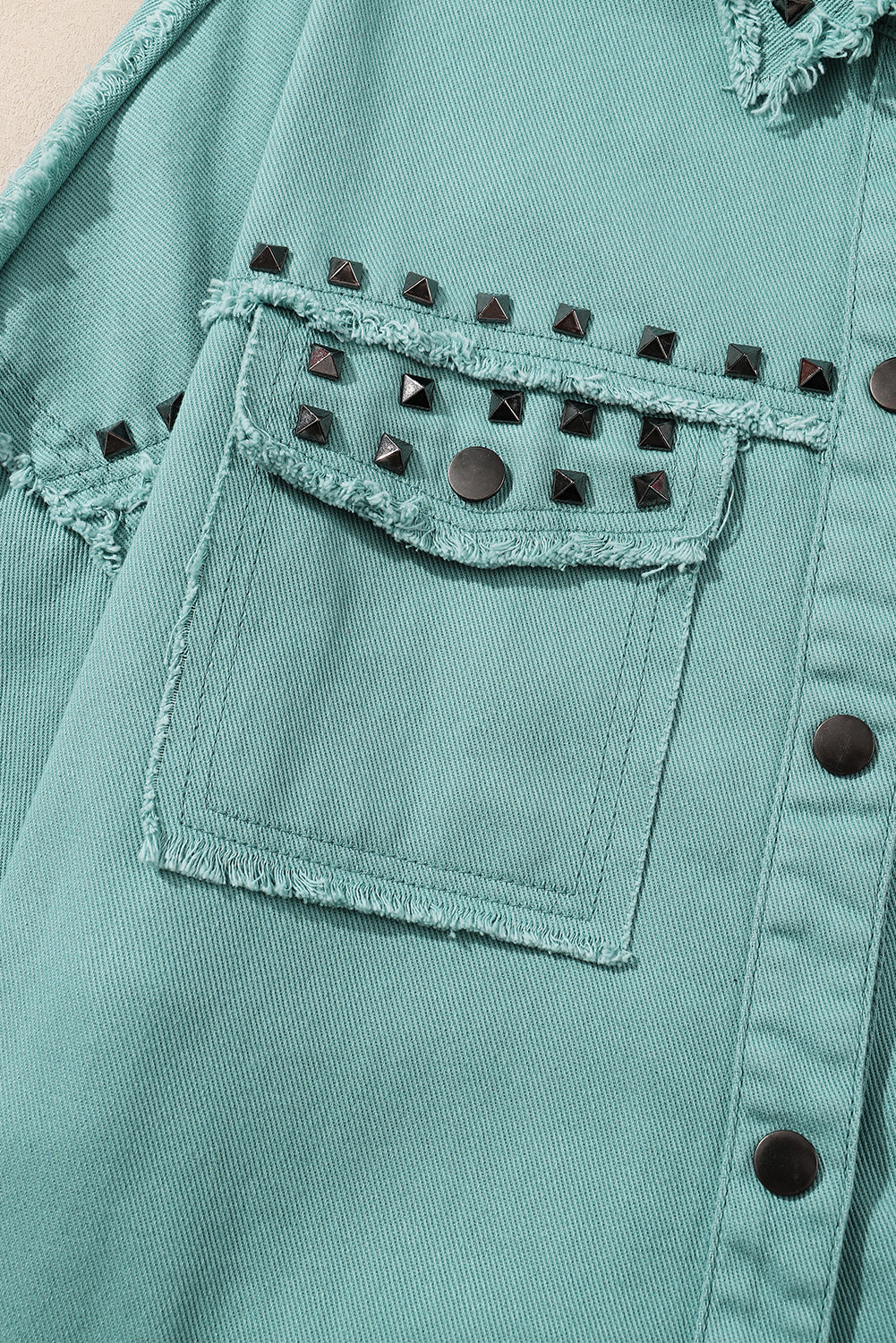 Mist Green Frayed Trim Riveted Denim Jacket