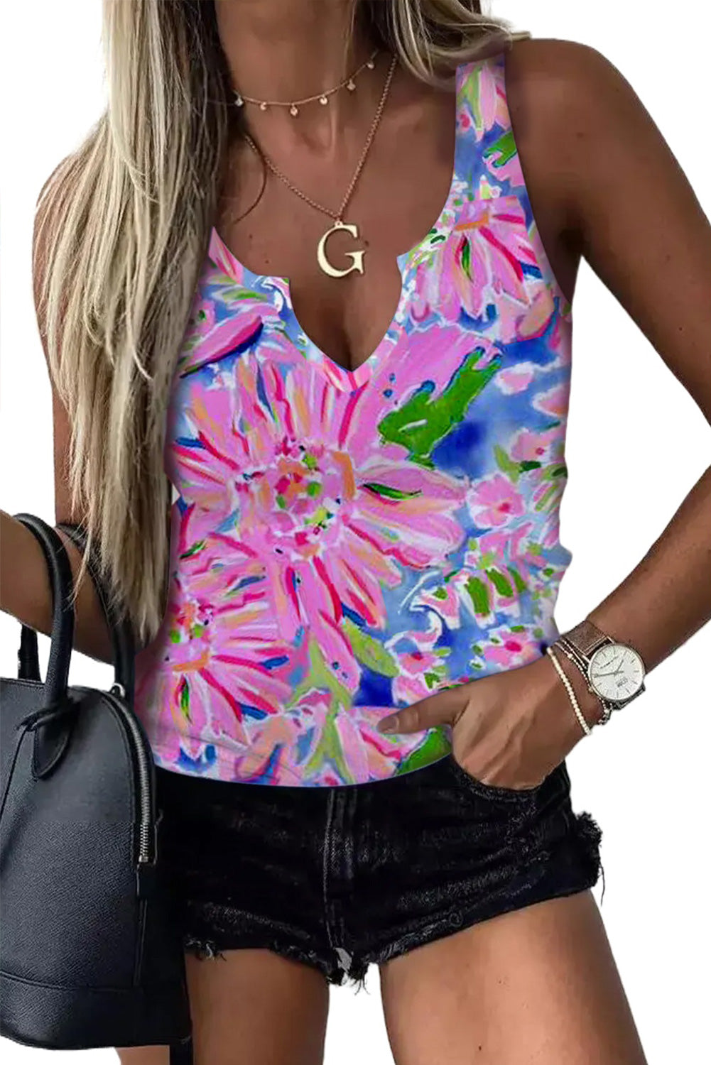 Pink Floral Print Loose Fit V Neck T Shirt