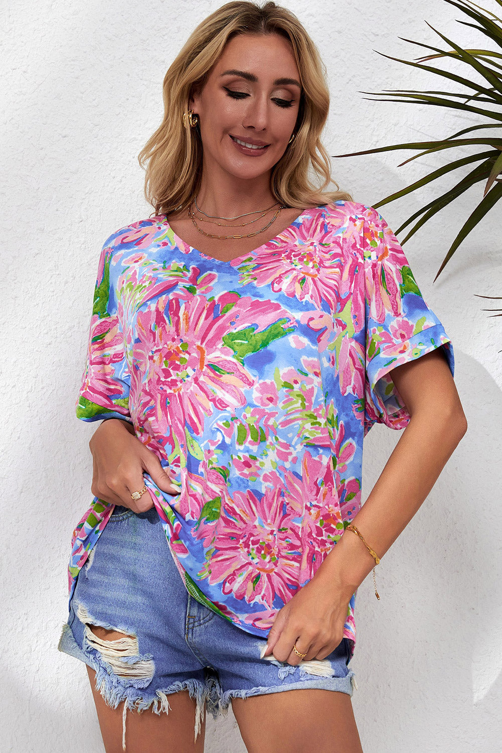 Pink Floral Print Loose Fit V Neck T Shirt