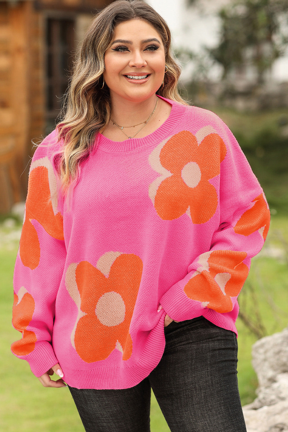 Flower Pattern Slouchy Sweater