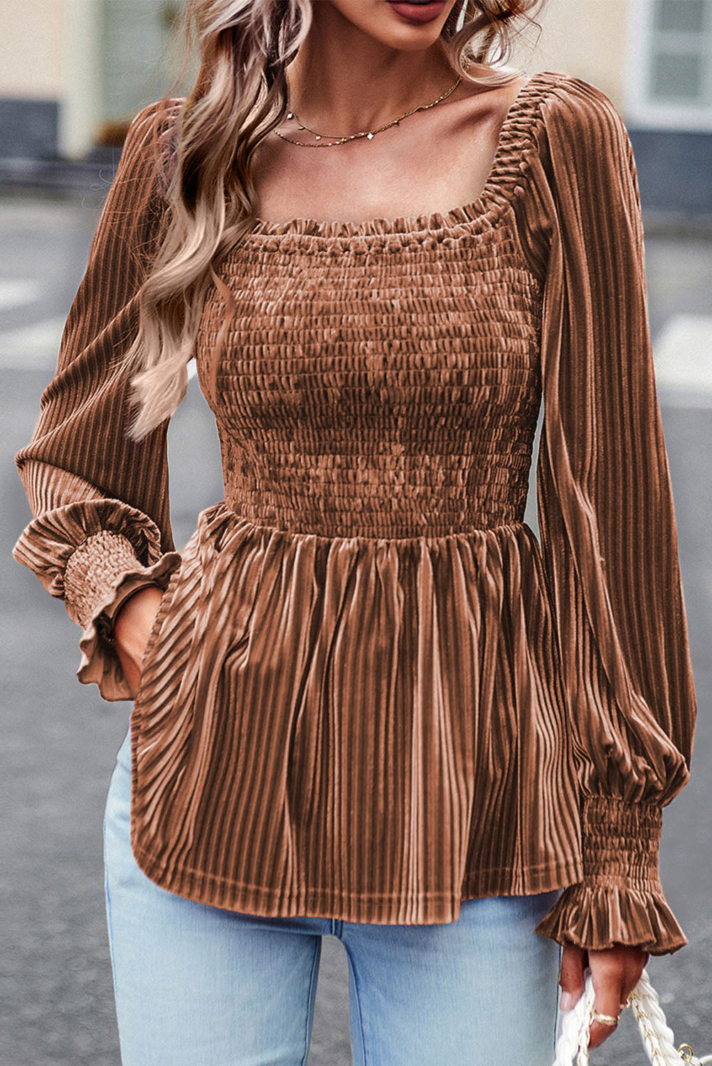 Pale Chestnut Long Sleeve Tiered Ribbed Velvet Dress