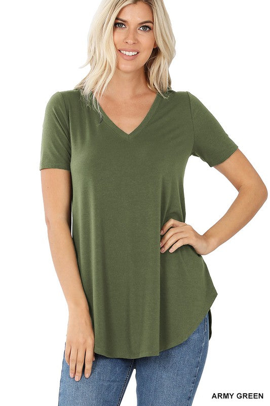 SHORT SLEEVE V-NECK ROUND HEM TOP