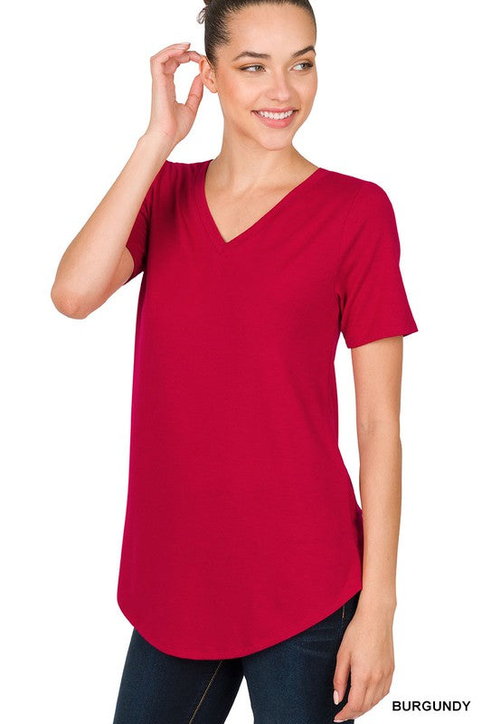 SHORT SLEEVE V-NECK ROUND HEM TOP