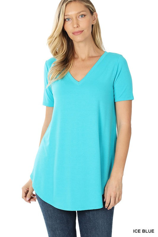 SHORT SLEEVE V-NECK ROUND HEM TOP