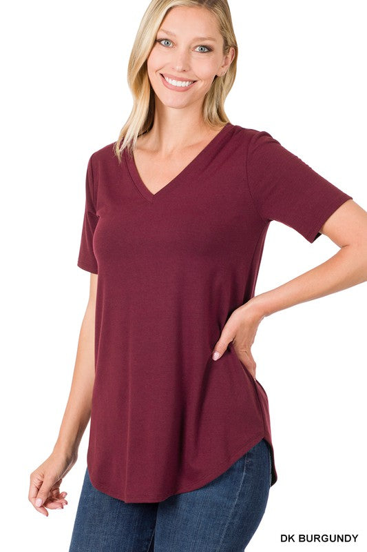 SHORT SLEEVE V-NECK ROUND HEM TOP