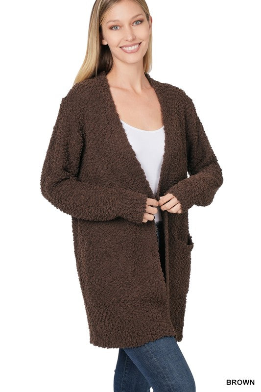 LONG SLEEVE POPCORN SWEATER CARDIGAN WITH POCKETS