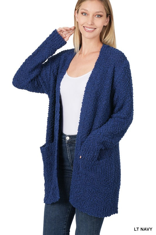 LONG SLEEVE POPCORN SWEATER CARDIGAN WITH POCKETS