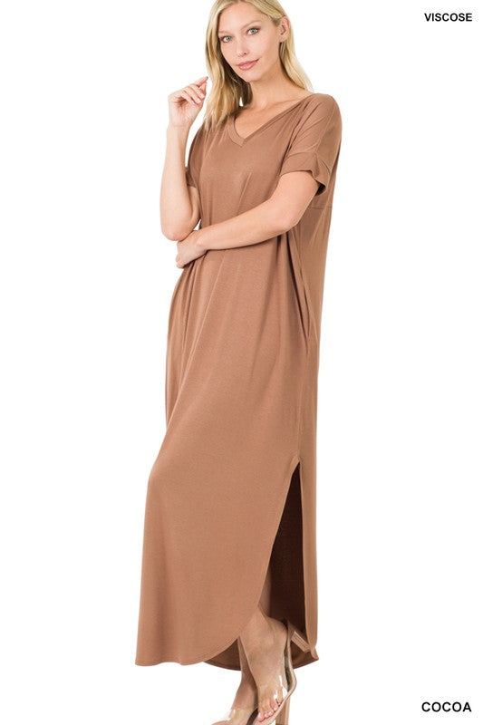 VISCOSE SIDE SLIT V-NECK SHORT SLEEVE MAXI DRESS