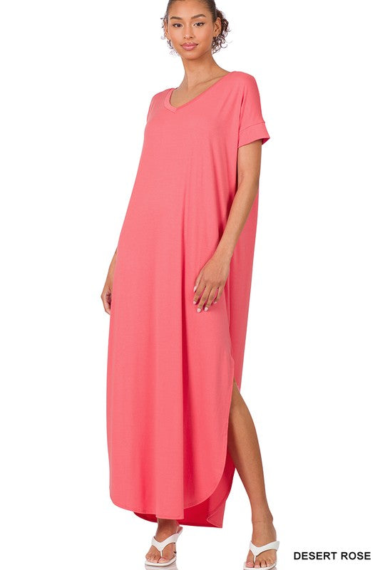 VISCOSE SIDE SLIT V-NECK SHORT SLEEVE MAXI DRESS