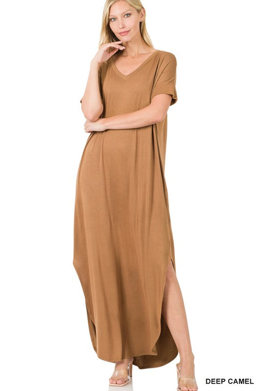 VISCOSE SIDE SLIT V-NECK SHORT SLEEVE MAXI DRESS