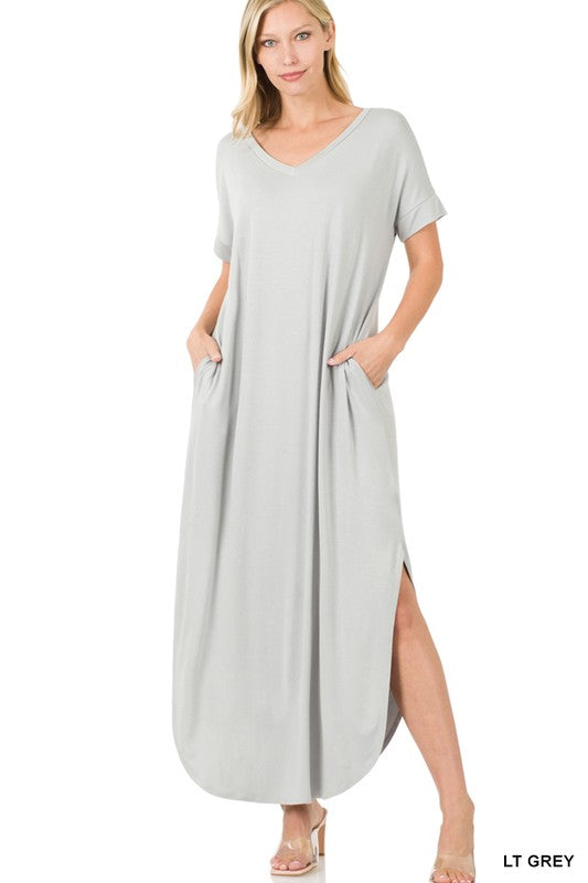 VISCOSE SIDE SLIT V-NECK SHORT SLEEVE MAXI DRESS