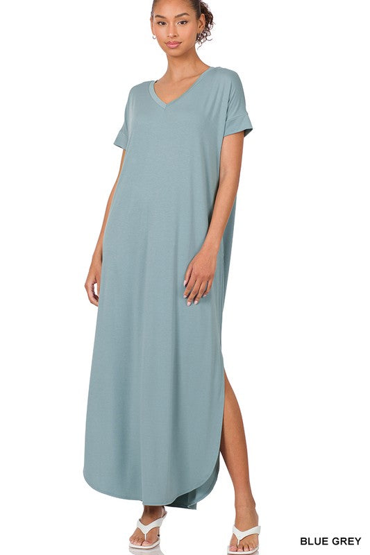 VISCOSE SIDE SLIT V-NECK SHORT SLEEVE MAXI DRESS