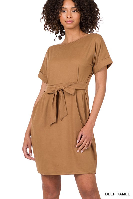 BRUSHED DTY TIE-BELT DRESS