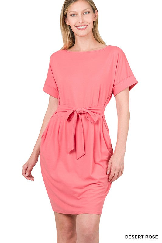 BRUSHED DTY TIE-BELT DRESS