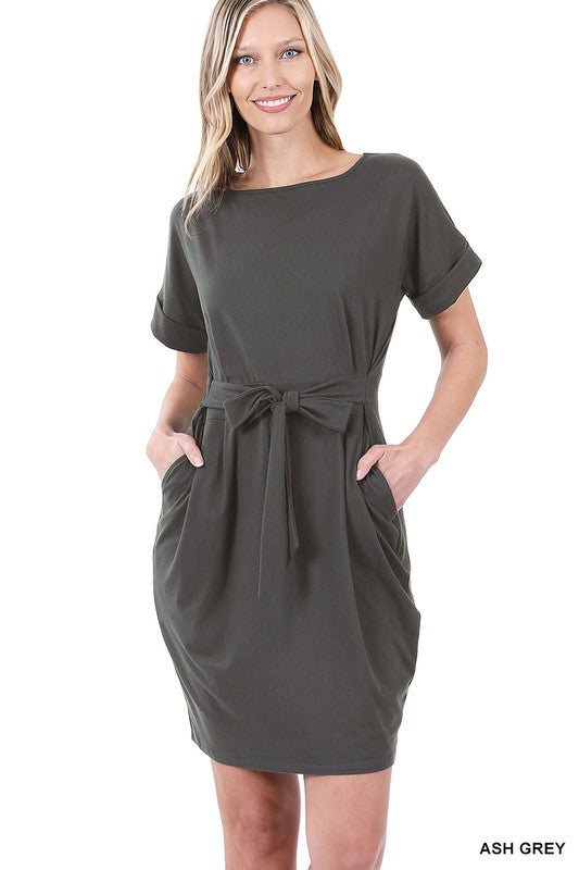 BRUSHED DTY TIE-BELT DRESS