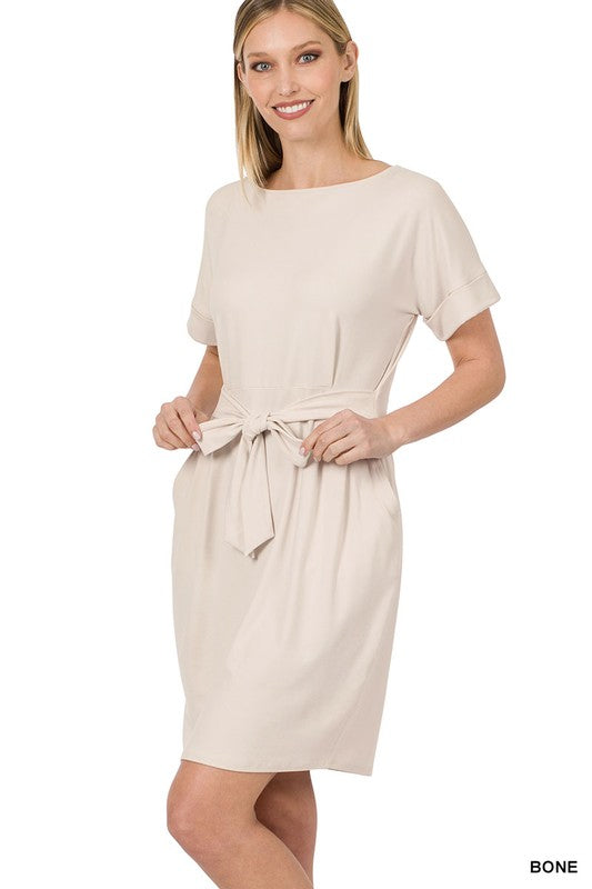 BRUSHED DTY TIE-BELT DRESS