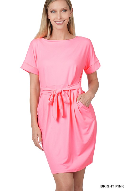 BRUSHED DTY TIE-BELT DRESS