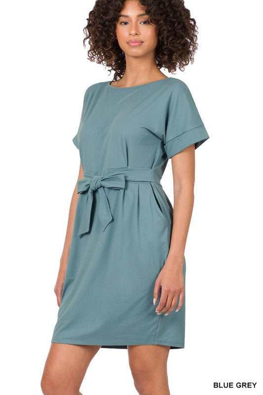 BRUSHED DTY TIE-BELT DRESS