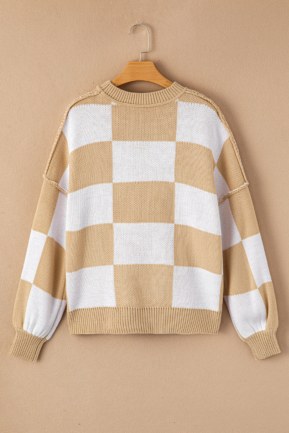 Khaki Checkered Bishop Sleeve Sweater