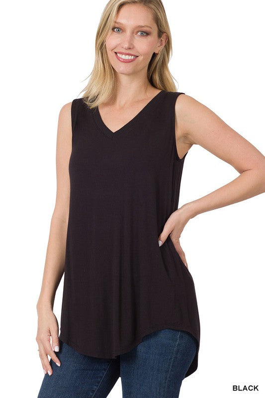 LUXE RAYON SLEEVELESS V-NECK HI-LOW HEM TOP