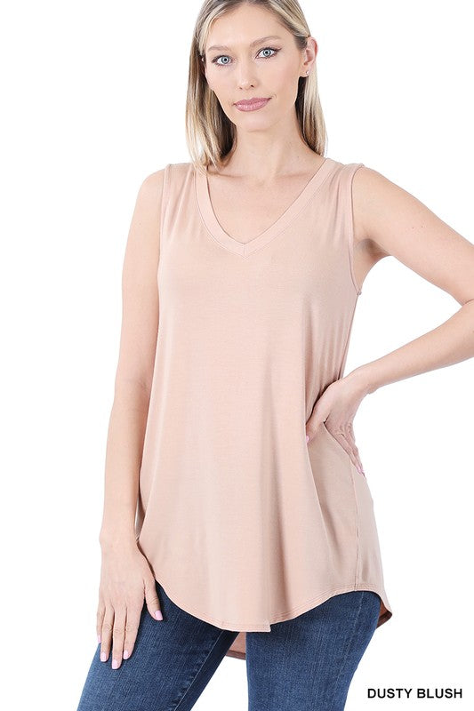 LUXE RAYON SLEEVELESS V-NECK HI-LOW HEM TOP