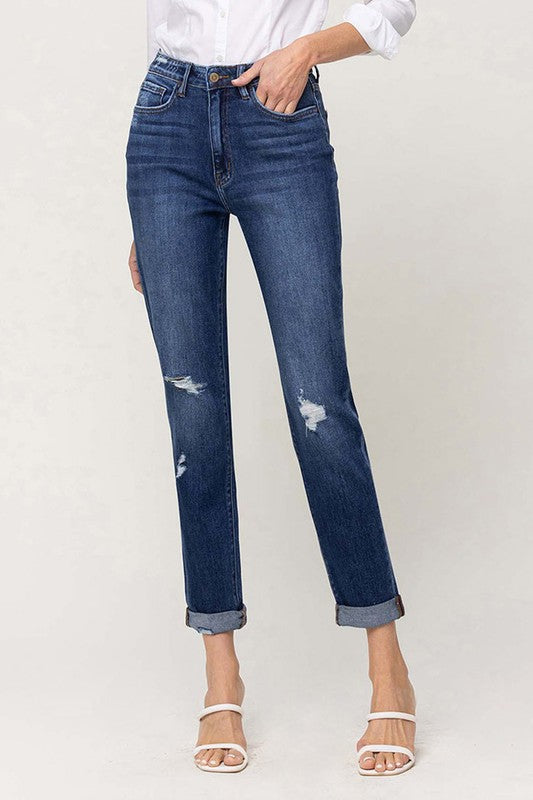 DISTRESSED DOUBLE CUFFED STRETCH MOM JEAN