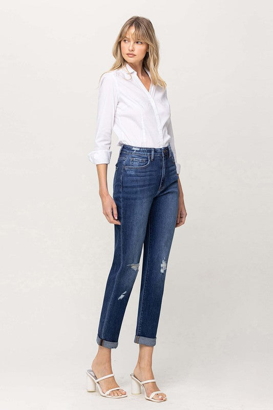 DISTRESSED DOUBLE CUFFED STRETCH MOM JEAN