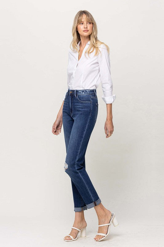 DISTRESSED DOUBLE CUFFED STRETCH MOM JEAN