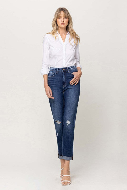 DISTRESSED DOUBLE CUFFED STRETCH MOM JEAN