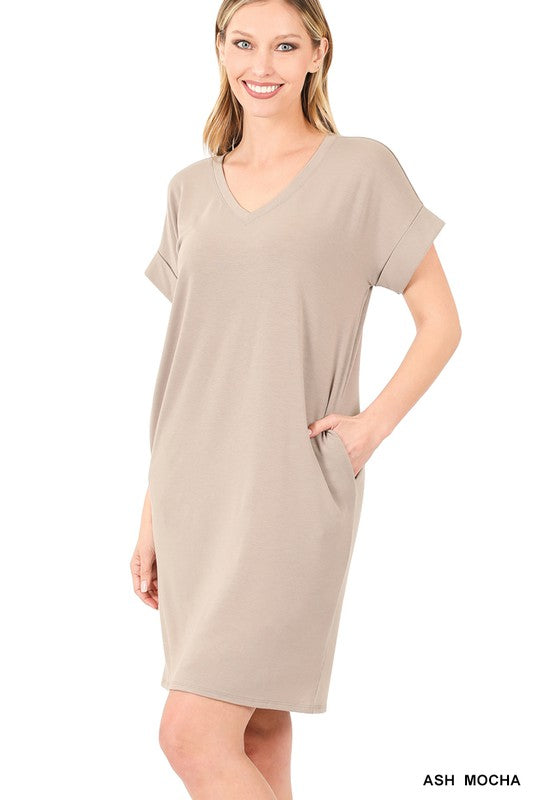 ROLLED SHORT SLEEVE V-NECK DRESS