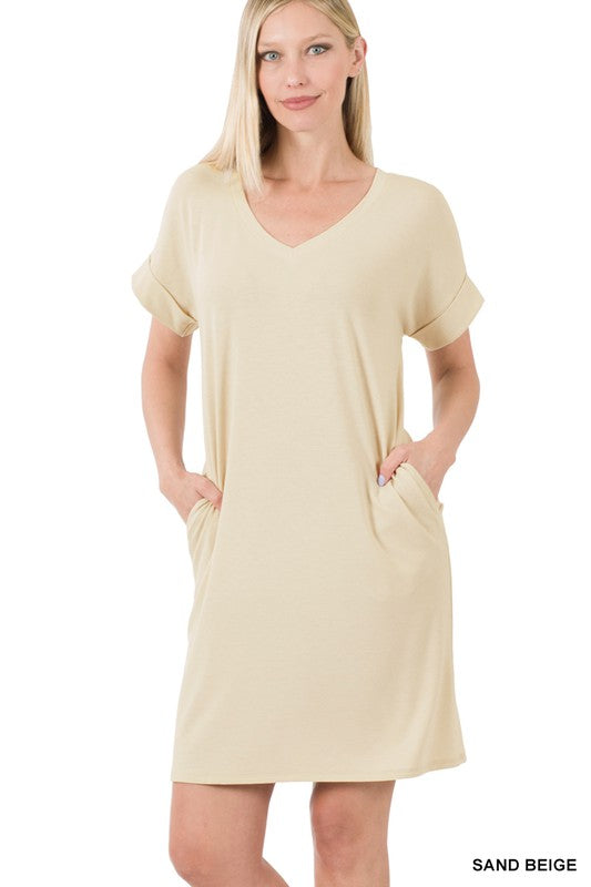 ROLLED SHORT SLEEVE V-NECK DRESS