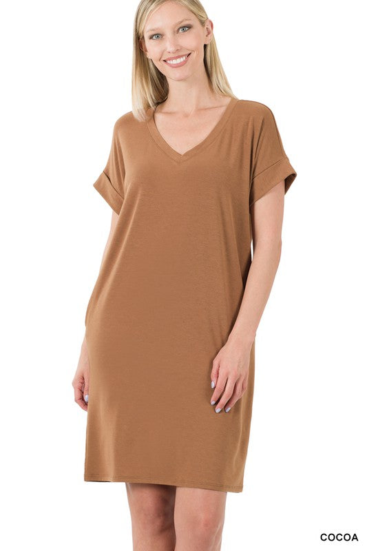 ROLLED SHORT SLEEVE V-NECK DRESS