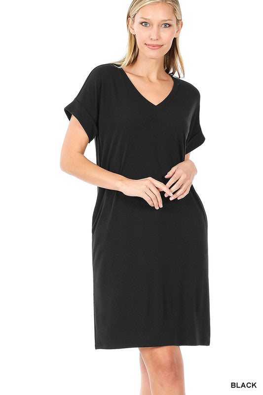 ROLLED SHORT SLEEVE V-NECK DRESS