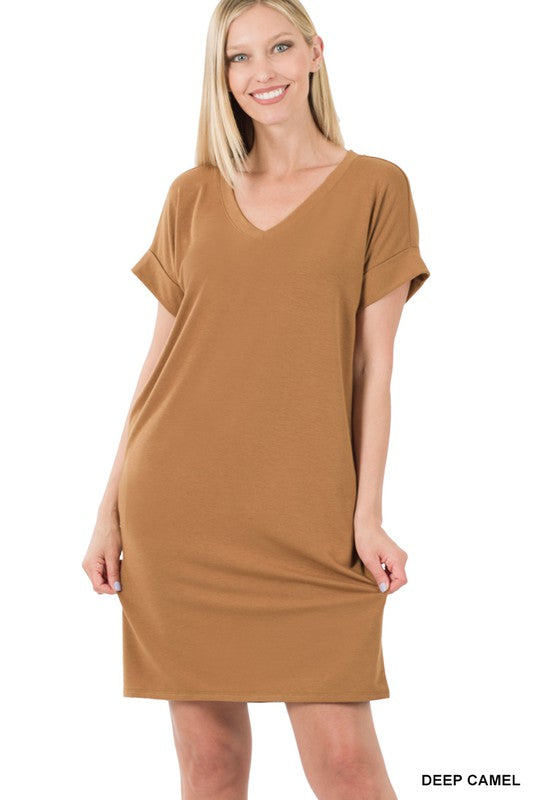 ROLLED SHORT SLEEVE V-NECK DRESS