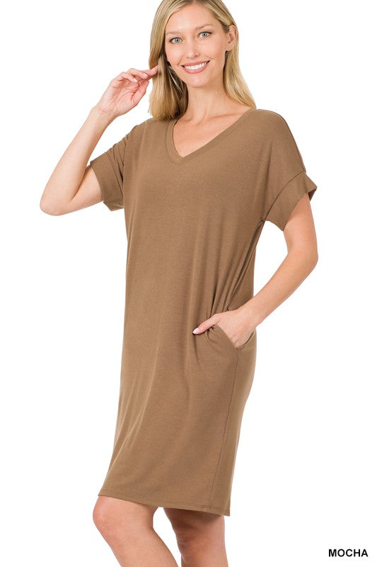 ROLLED SHORT SLEEVE V-NECK DRESS