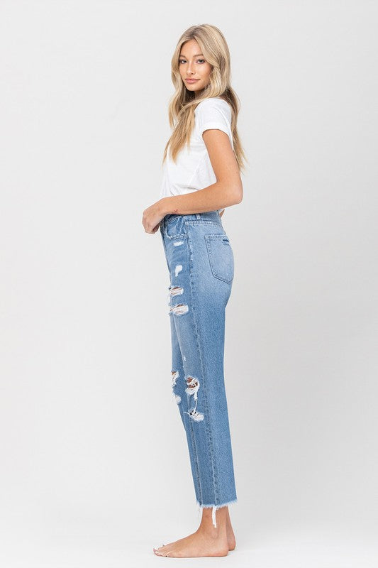 DISTRESSED RAW HEM MOM JEANS