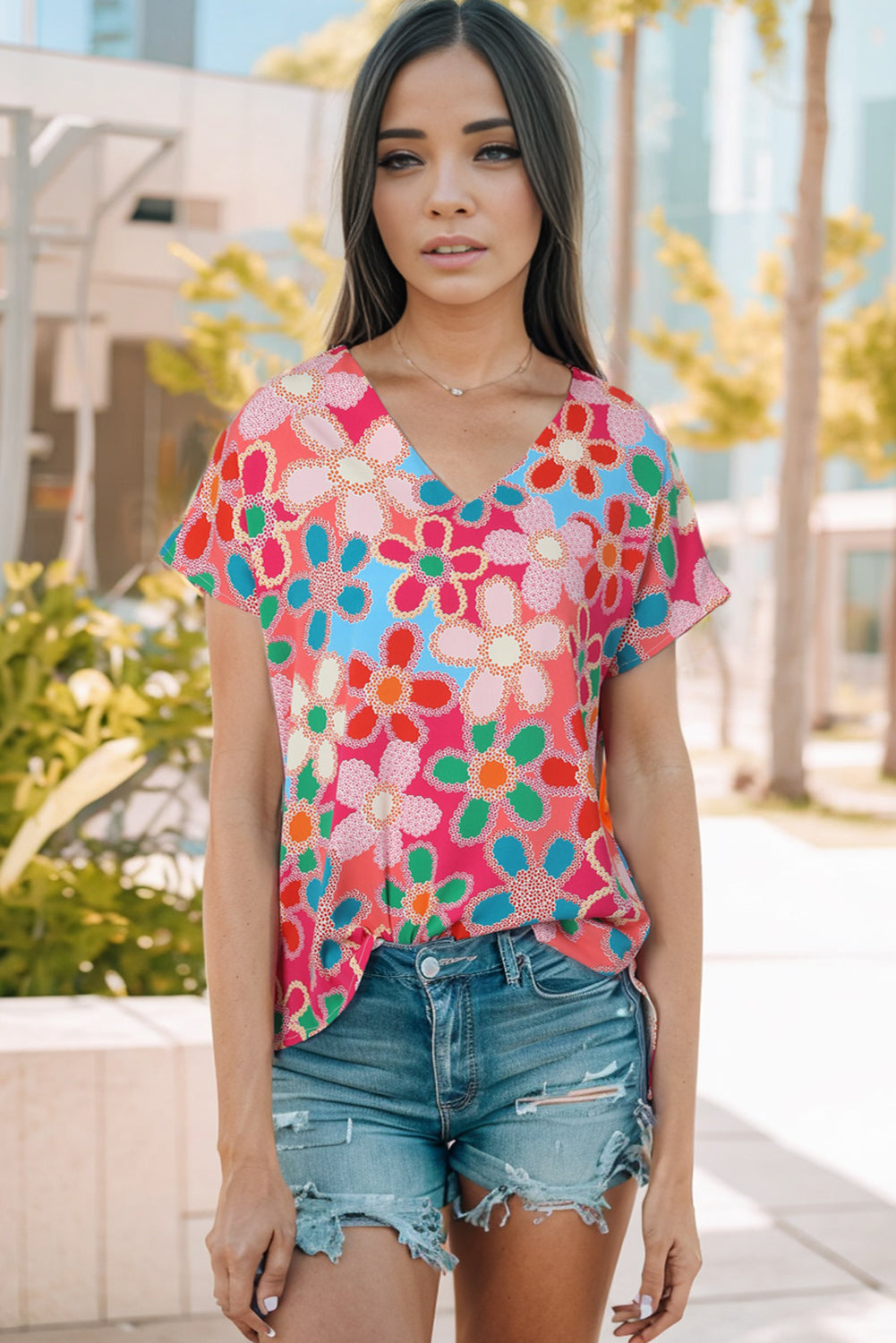 Pink Embroidered Detail Floral Print Ruffle Trim Tank Top