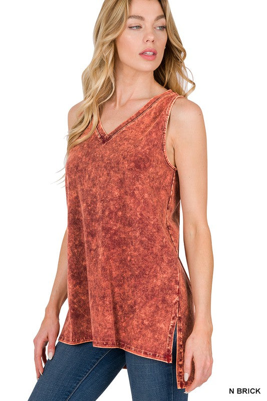 MINERAL WASH SLEEVELESS V-NECK TOP WITH SIDE SLIT