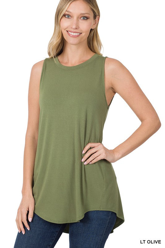 LUXE RAYON SLEEVELESS ROUND NECK HI-LOW HEM TOP