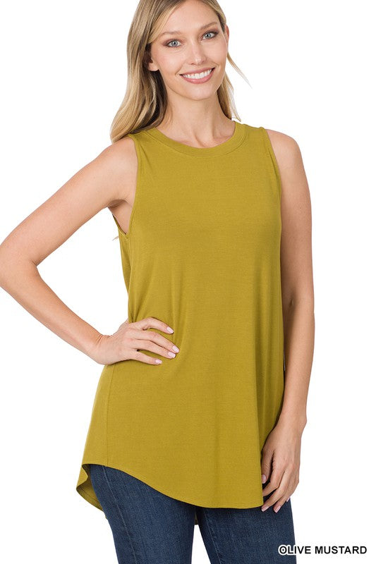 LUXE RAYON SLEEVELESS ROUND NECK HI-LOW HEM TOP