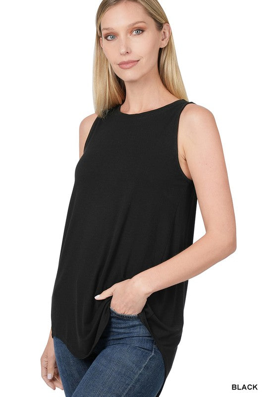 LUXE RAYON SLEEVELESS ROUND NECK HI-LOW HEM TOP