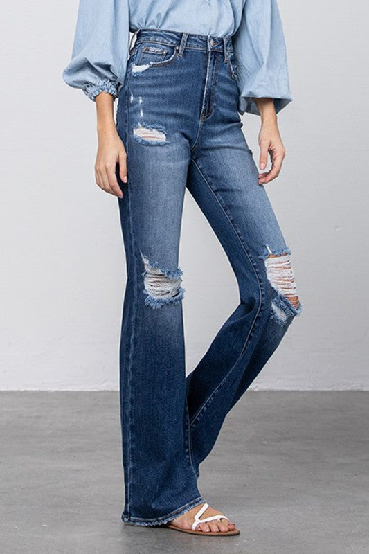 HIGH RISE FRAYED HEM FLARE JEANS