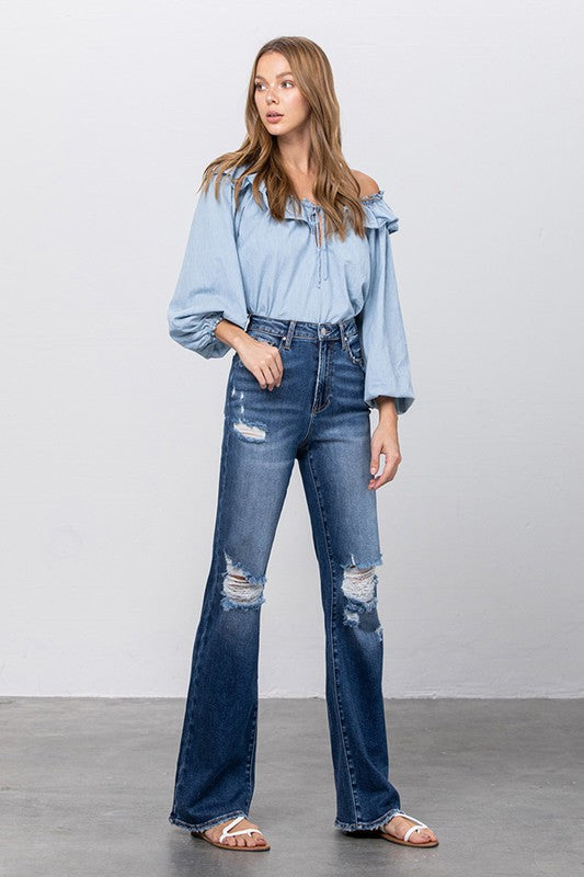 HIGH RISE FRAYED HEM FLARE JEANS