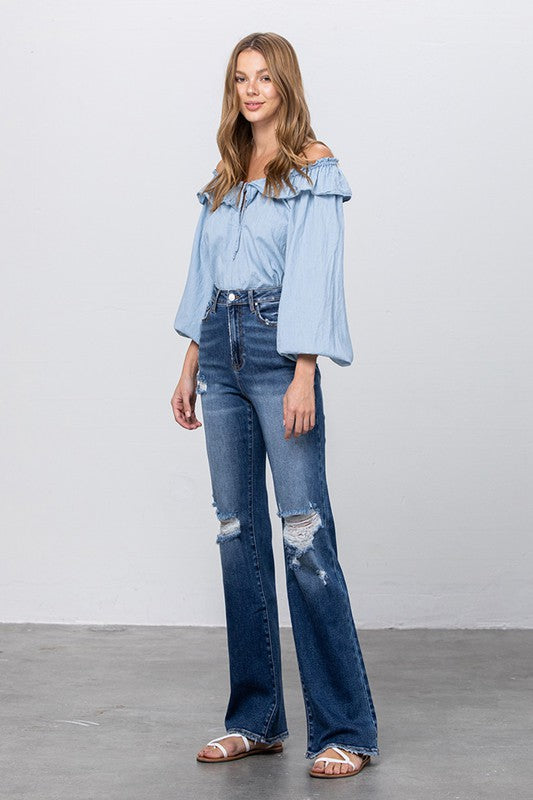 HIGH RISE FRAYED HEM FLARE JEANS